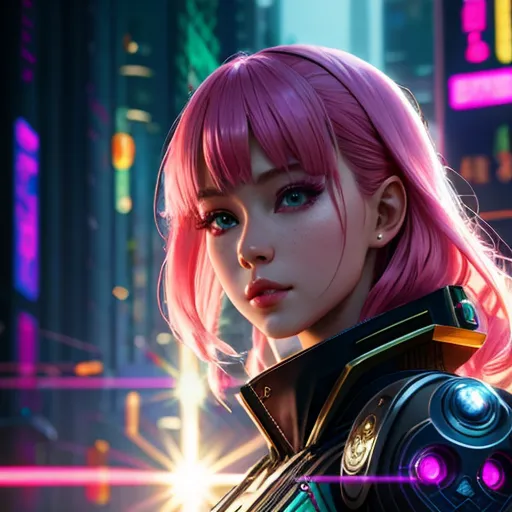 This is an image of a young woman with pink hair. She is wearing a black leather jacket and has a serious expression on her face. The background is a blurred city at night.