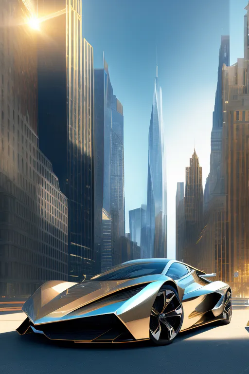 L'image est un rendu d'une ville futuriste avec une voiture de sport argentée et dorée au premier plan. La voiture est élégante et stylée, avec un profil bas et des lignes épurées. La ville est composée de gratte-ciel élancés, avec le soleil se reflétant sur les fenêtres en verre. Le ciel est d'un bleu limpide, avec quelques nuages parsemant l'horizon. L'image est très réaliste, et il semble que la voiture roule réellement dans la ville.