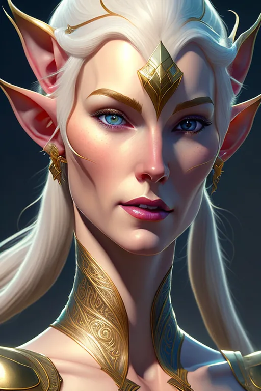 The image shows a beautiful female elf with long white hair and blue eyes. She is wearing a golden circlet on her head and a golden necklace around her neck. She is also wearing golden earrings. The background is dark blue with a spotlight shining on her.