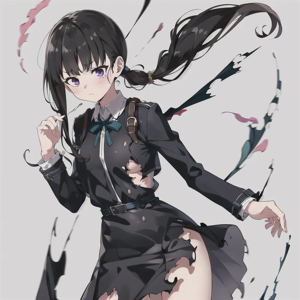 The image depicts a young girl with long black hair tied in a low ponytail. She is wearing a black military-style uniform with a white button-down shirt, black boots, and a black tie. The girl has a serious expression on her face, and she is looking at the viewer with her purple eyes. She is standing in a dynamic pose, with her right leg forward and her left leg back. Her hair is flowing behind her, and her clothes are torn. The background is white, and there are no other objects in the image.