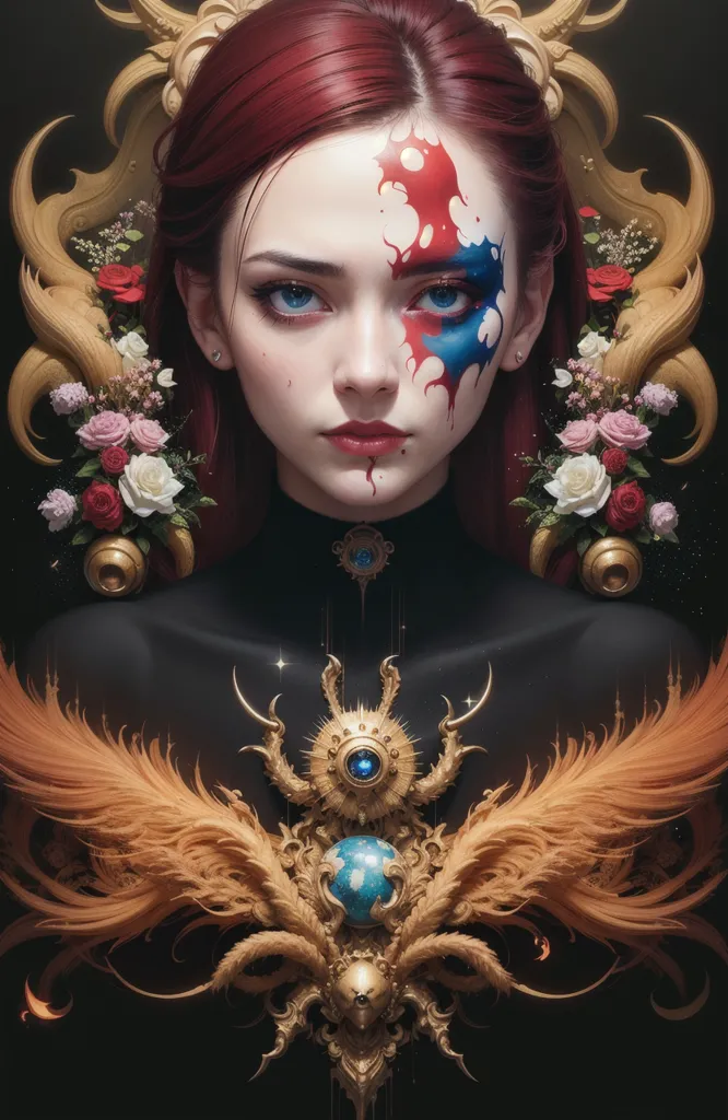 This image is a portrait of a woman with red hair and blue and red paint on her face. She is wearing a black and gold outfit and has a golden necklace with a blue orb in the center. There are roses on either side of her head and two golden phoenixes at the bottom of the image. The background is dark with a golden glow around the woman.