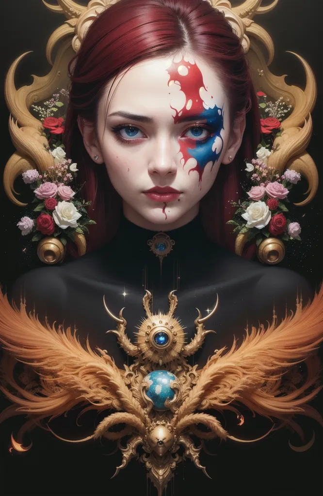 Cette image est un portrait d'une femme aux cheveux roux avec de la peinture bleue et rouge sur le visage. Elle porte une tenue noire et dorée et a un collier doré avec une boule bleue au centre. Il y a des roses de chaque côté de sa tête et deux phénix dorés en bas de l'image. L'arrière-plan est sombre avec une lueur dorée autour de la femme.