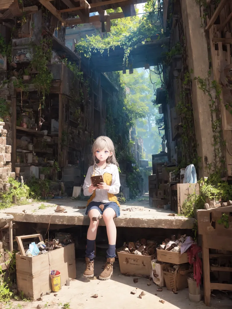 The image shows a young girl sitting on a concrete slab in a ruined city. The city is overgrown with plants, and the buildings are in disrepair. The girl is wearing a yellow shirt, blue shorts, and brown boots. She has a book in her hands.