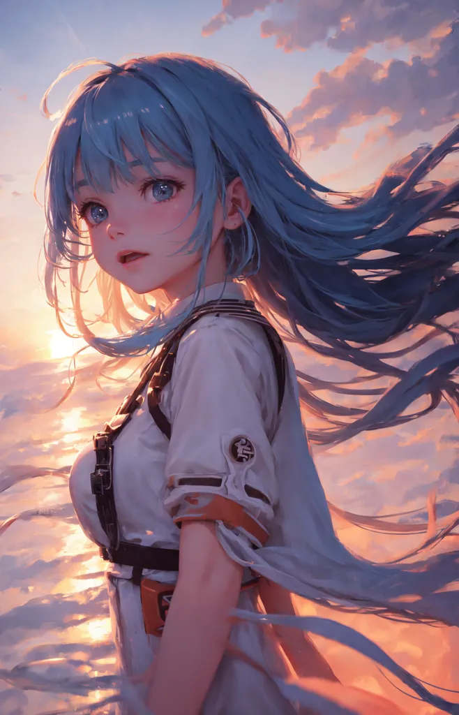 The image is of an anime girl with long blue hair and blue eyes. She is wearing a white shirt with a blue collar and a brown belt. She is standing in front of a sunset. The sky is orange and the clouds are pink. The sun is setting behind her. She is looking to the left of the frame.