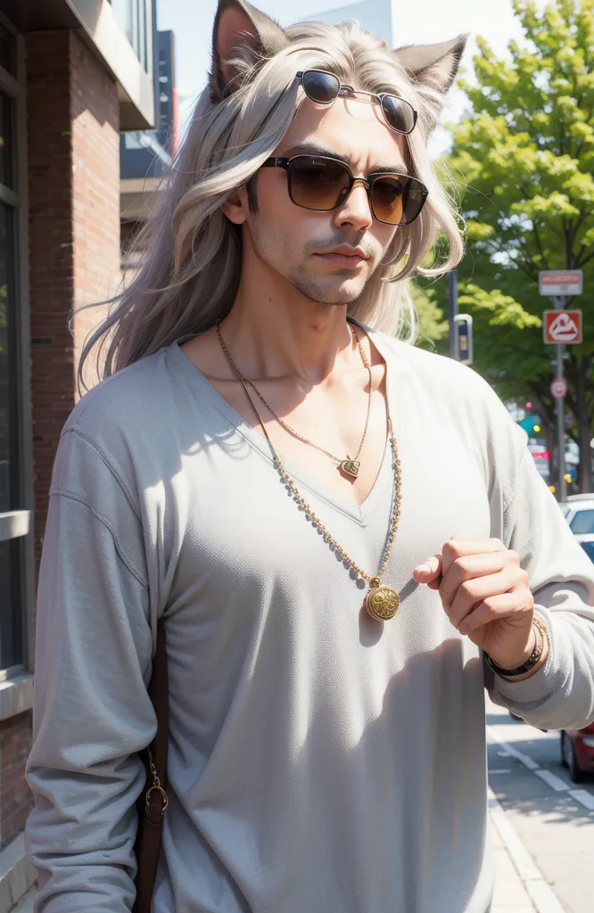 La imagen muestra a una persona que lleva una camisa gris de cuello en V. Tiene el cabello gris claro y lleva orejas de gato. También lleva gafas de sol marrones y un collar con un colgante. Está de pie afuera y hay árboles y edificios de fondo.