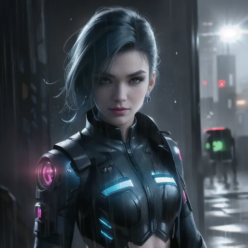 The image shows a young woman standing in a dark, rainy environment. She is wearing a black and blue bodysuit with a high collar and a blue light on her chest. Her hair is short and blue, and her eyes are dark. She is looking at the viewer with a serious expression.