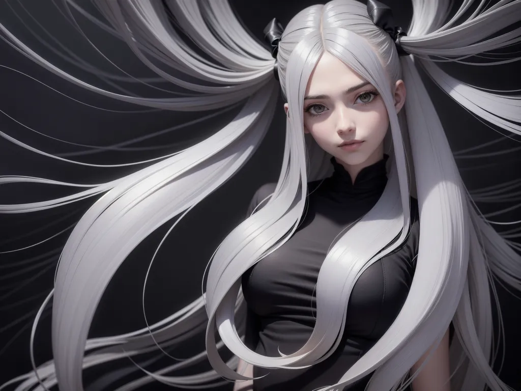 The image is a digital painting of a young woman with long white hair and green eyes. She is wearing a black cheongsam with a high collar. Her hair is flowing around her head and she has a serious expression on her face. The background is dark grey.
