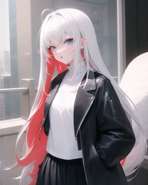 The image shows a young woman with long white and red hair. She is wearing a white shirt, a black leather jacket, and a black skirt. She has blue eyes and a fox tail. She is standing on a rooftop, looking out at the city. The sun is shining, and the sky is clear.