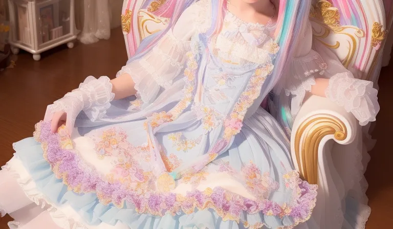 A imagem mostra uma pessoa vestindo um vestido branco e azul com um padrão floral. O vestido tem uma saia pregueada e um corpete ajustado. A pessoa está sentada em uma cadeira e tem as mãos descansando no colo. Ela está usando luvas brancas e seu cabelo é longo e colorido. O fundo está desfocado, mas parece haver uma estante de livros e uma janela no ambiente.