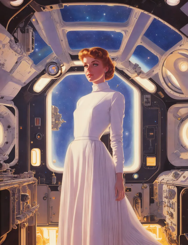 This is an image of a woman standing in a spaceship. She is wearing a white dress and has short red hair. The spaceship is full of machines and has a large window looking out into space. There is a reflection of another spaceship outside the window.