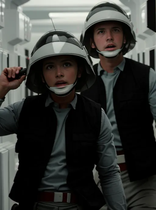 The image shows two young people, a boy and a girl, dressed in white and gray uniforms. They are both wearing helmets and the girl has a small device in her hand. They are standing in a futuristic hallway, surrounded by white walls and gray floors. The image is likely from a movie or TV show, and the two people are probably characters in the story.