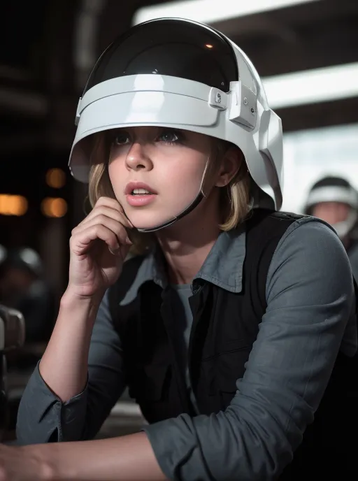 The image shows a young woman wearing a white and gray helmet with a dark visor. She is wearing a gray shirt and a black vest. She has her hand on her chin and is looking to the side. There are blurred images of other people and machinery in the background.