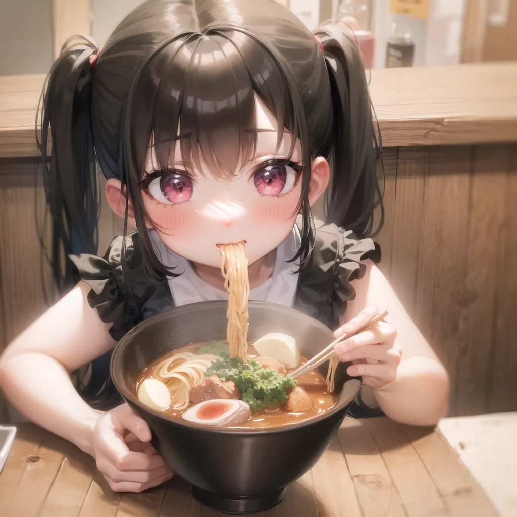 The image shows a young girl with long black hair and pink eyes. She is wearing a black dress with a white collar. The girl is sitting at a table and eating a bowl of ramen. She has a chopstick in her right hand and is holding the bowl with her left hand. The girl's mouth is open and she is slurping the noodles. The bowl is filled with a rich broth, noodles, and various toppings. The girl's face is flushed and she has a happy expression on her face. The background of the image is a blur of a restaurant.