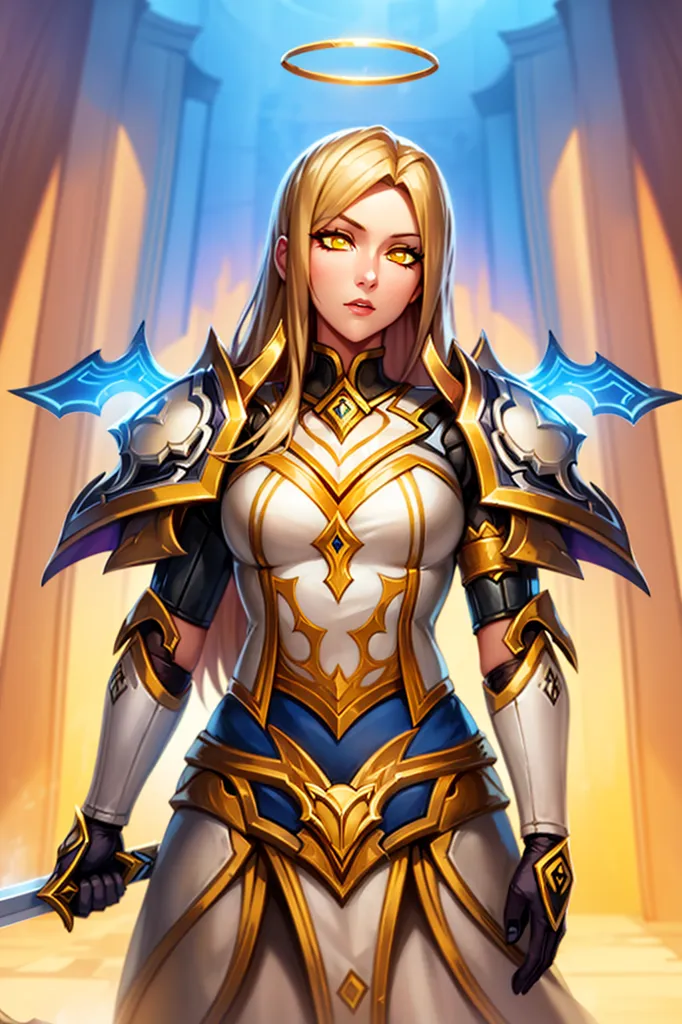 The image shows a female human paladin from the Warcraft video game series. She is wearing golden and white plate armor and has a halo above her head. She is holding a sword and shield, and there is a blue glow around her.