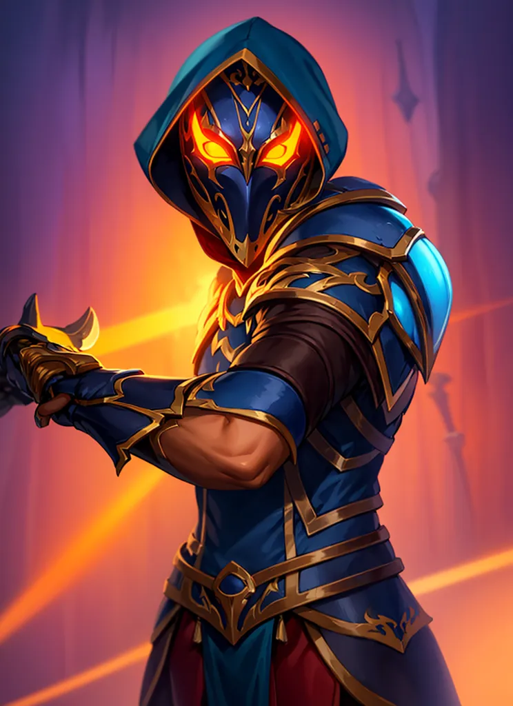 This image shows a warrior in blue and gold armor. He is wearing a mask with glowing yellow eyes and a blue hood. He is holding a sword in both hands. He is standing in a dark room with a red light on the ground.