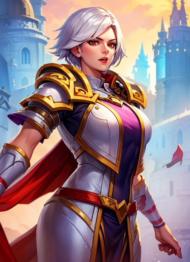 This is an image of a female warrior. She has short white hair and brown eyes. She is wearing a white and gold breastplate with a purple sash. She is also wearing a red cape and has a sword on her hip. She is standing in a confident pose, ready to fight. The background is a castle, with towers and flags flying.