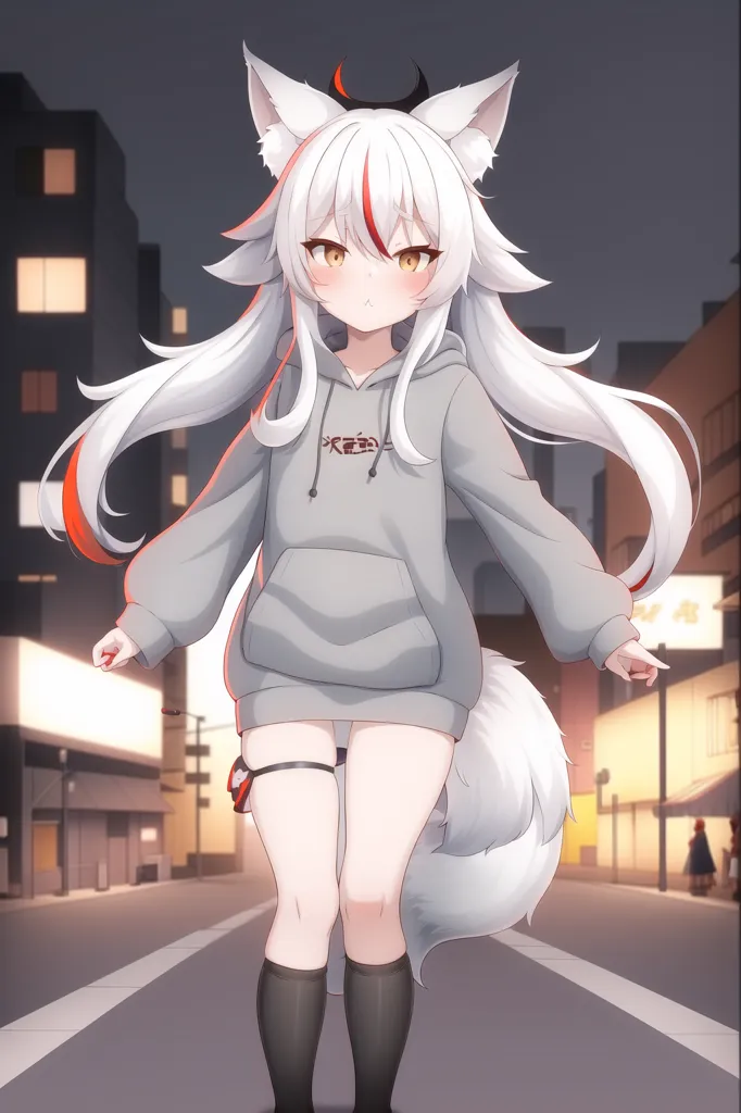 The image is of a young woman with white hair and fox ears. She is wearing a gray hoodie with a red and white design on the front. The hoodie is short, showing off her midriff and black shorts. She is also wearing black socks and brown shoes. She has a confident expression on her face and is walking down a city street at night. The background of the image is blurred, but it looks like there are buildings and cars in the distance.