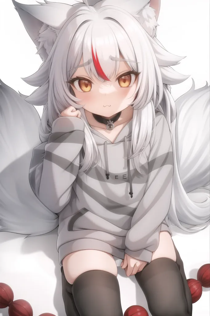 The image contains a young girl with white hair and fox ears. She is wearing a grey hoodie with a white collar and black and grey thigh-high socks. She has a shy expression on her face and is looking at the viewer with her golden eyes. She is sitting on a white surface with several red balls scattered around her.