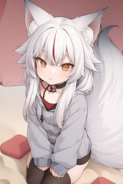 The image contains a young girl with white hair and fox ears. She is wearing a grey hoodie and black stockings. She is sitting on a bed with a pink pillow behind her. The girl has a shy expression on her face and is looking down at the viewer.