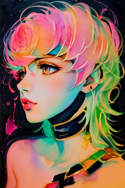 The image is a watercolor painting of a young woman with pink and green hair. She is looking to the left of the frame. The background is dark with some light green and pink splashes. The woman is wearing a black choker with a gold buckle. She has light pink blush on her cheeks and her lips are a glossy pink. Her eyes are a light brown color and her eyebrows are dark brown. She is wearing a white button-down shirt with the top few buttons undone. The collar of the shirt is popped up and there is a dark green tie hanging down. The image is soft and painterly, with a focus on the woman's face.