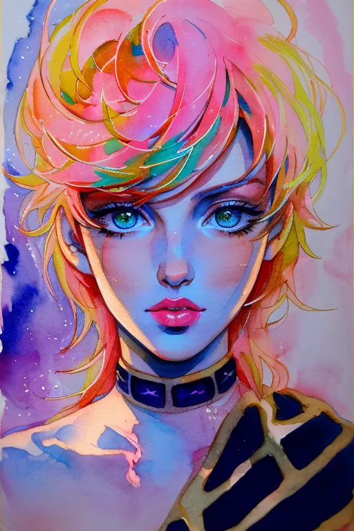 The image is a watercolor painting of a young woman with pink and yellow hair. She has green eyes and is wearing a black choker with a gold buckle. She is wearing a white shirt that is partially unbuttoned. The background is a light blue with a dark blue circle in the center. The painting is done in a realistic style and the artist has used a variety of techniques to create a sense of depth and texture.