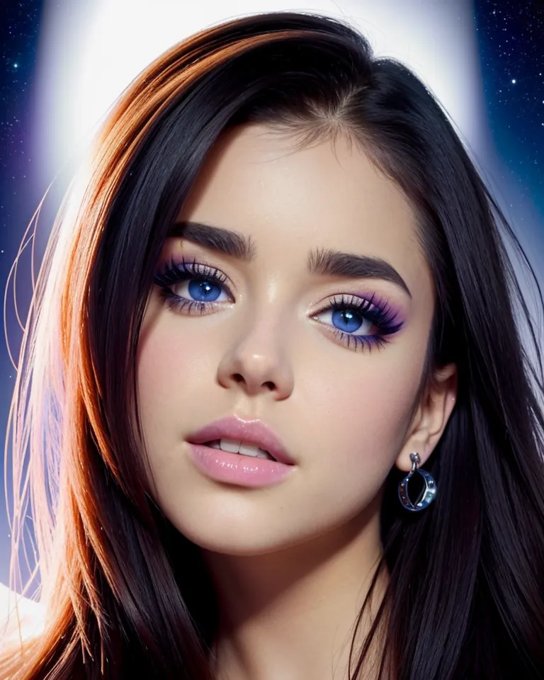 The image shows a young woman with long, dark hair and blue eyes. She is wearing a light blue eyeshadow with dark blue eyeliner and fake lashes. Her eyebrows are filled in and she has a light pink lip gloss on. She is wearing a silver hoop earring. The background is blurred with a white light in the top left corner and dark blue in the bottom right.