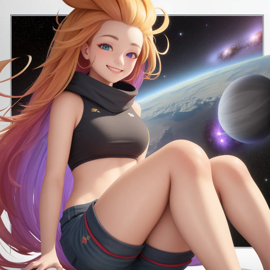 The image shows a young woman with long, flowing hair that is orange at the top and purple at the bottom. She is wearing a black crop top and blue gym shorts. She is sitting on a ledge with her legs crossed and her left hand resting on her knee. The background is a starry night sky with a planet in the distance. The woman has a serene smile on her face.