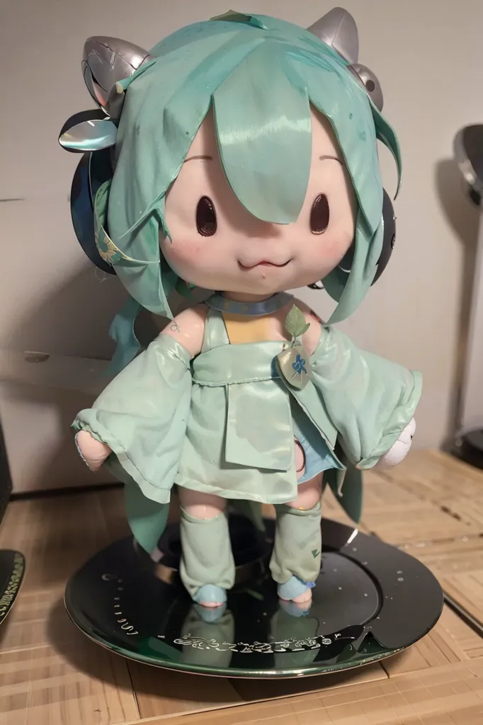 The image shows a figurine of a character with green hair and cat ears. The figurine is wearing a green dress and has a green leaf on its chest. It is standing on a silver plate. The figurine is in front of a wooden table.