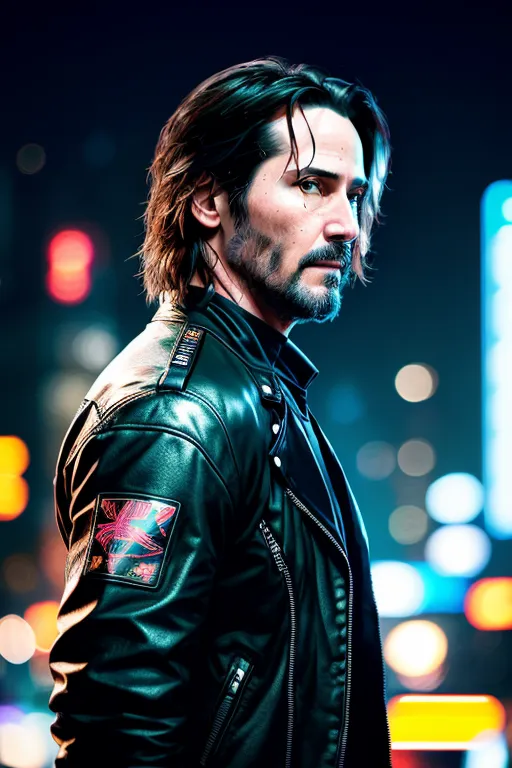 This is an image of Keanu Reeves. He is wearing a black leather jacket with a red and white patch on the sleeve. He has long brown hair and a beard. He is looking to the right of the frame. The background is blurred and out of focus.