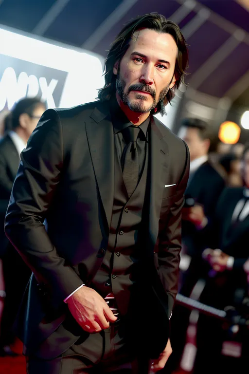 The image shows Keanu Reeves, a Canadian actor, on a red carpet. He is wearing a black suit and tie, with his signature long hair and beard. He has a confident expression on his face and is looking directly at the camera. The background is blurred, with people and lights out of focus.