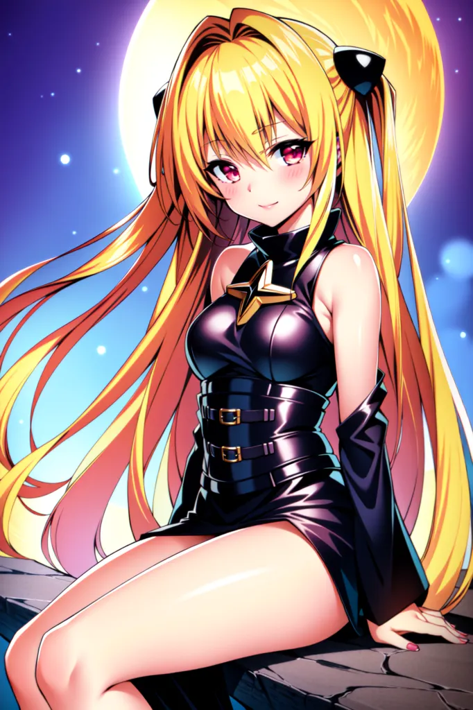 The image is of a young woman with long, flowing yellow hair and red eyes. She is wearing a black leather dress with a star-shaped clasp at the neck. The dress is sleeveless and has a high collar. She is also wearing black boots. The woman is sitting on a rock in front of a full moon. The background is a dark blue night sky with stars. The woman has a confident expression on her face and is looking at the viewer.