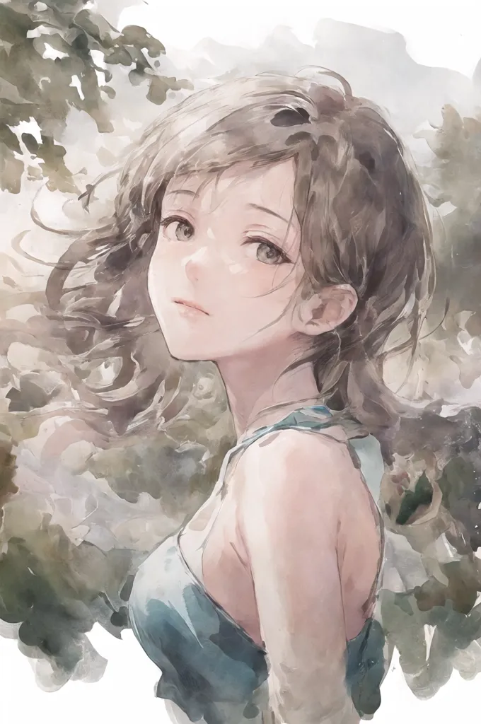 The image is a watercolor painting of a young woman with long brown hair and light brown eyes. She is wearing a blue tank top and is looking to the right of the frame. The background is a blur of light green and blue-grey.