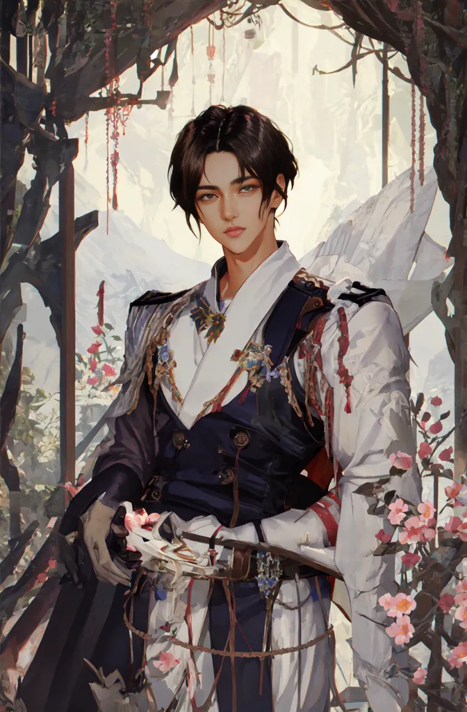 The picture shows a young man in a white and blue hanbok. He has long black hair and brown eyes. He is standing in a forest, surrounded by pink flowers. He is holding a sword in his right hand. The background is a blur of trees and mountains.