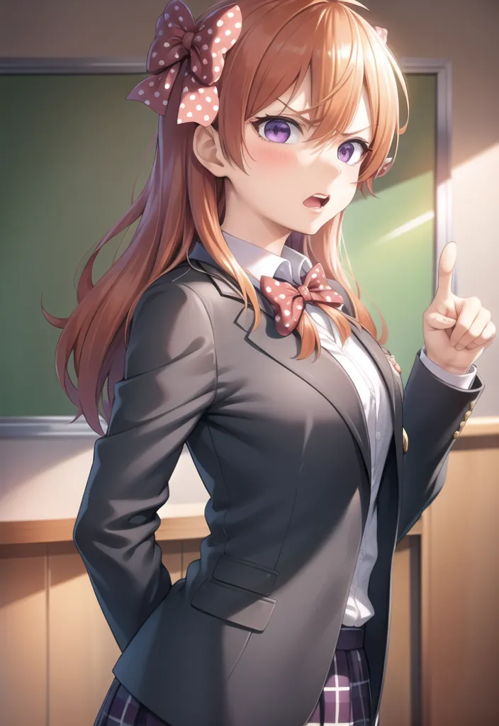 The image shows a young woman with long, orange hair and purple eyes. She is wearing a school uniform consisting of a gray blazer, a white shirt, and a pleated skirt. She has a pink bow in her hair and is pointing her finger at the viewer with a serious expression on her face. She is standing in a classroom with a chalkboard behind her.