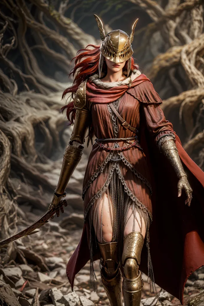 The image is of a woman in a red dress and gold armor. She is standing in a forest, and there are trees and rocks all around her. She is holding a sword in her right hand. The woman has long red hair and green eyes. She is wearing a helmet with a visor, and there is a red cloth scarf around her neck. The woman's armor is made of gold and has intricate designs on it. She is wearing a long red dress under her armor. The woman is standing in a confident pose, and she looks like she is ready for battle.