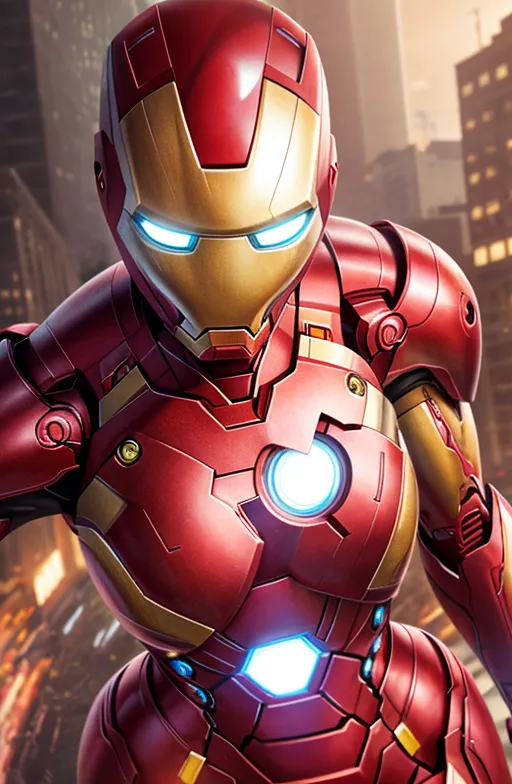 The image shows a female version of Iron Man. She is wearing a red and gold suit of armor with a glowing blue arc reactor on her chest. Her helmet is also red and gold, with a blue visor. She is standing in a city, with buildings in the background.