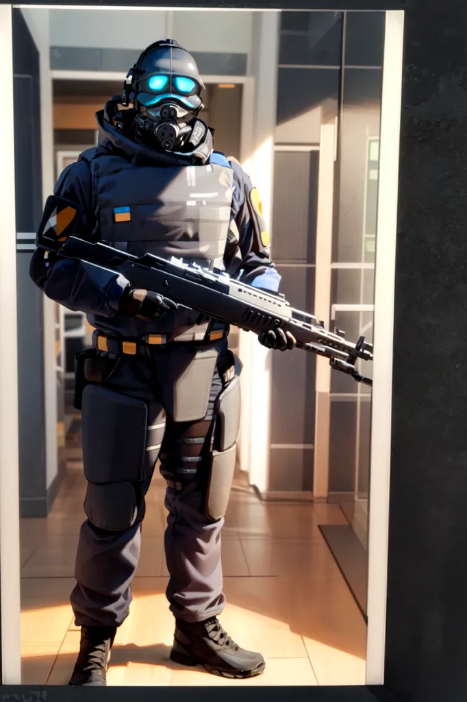 The image shows a man in a black and blue hazmat suit with a helmet and gas mask. He is holding a gun and standing in a room with tiled floors and walls. The room is lit by a bright light coming from the right side of the image.