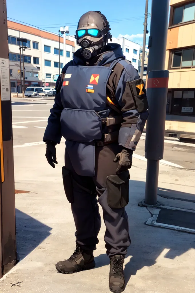 A imagem mostra uma pessoa em um traje de proteção biológica preto e azul. O traje tem um grande respirador na frente e um capacete azul com uma viseira. A pessoa também está usando botas e luvas pretas. Eles estão em um cenário urbano, com edifícios e carros ao fundo. A imagem é tirada de um ângulo baixo, tornando a pessoa imponente.