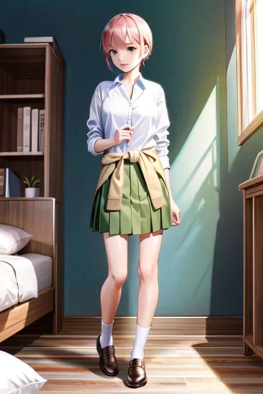 L'image montre une jeune femme debout dans une chambre à coucher. Elle porte une chemise blanche, une jupe verte et un gilet en tricot marron. Elle porte également des chaussettes et des chaussures marron. La femme a les cheveux courts roses et les yeux verts. Elle regarde le spectateur avec une expression légèrement perplexe. La chambre est décorée dans un style simple. Il y a un lit, une commode et une bibliothèque dans la pièce. Les murs sont peints dans une couleur bleu clair. Le sol est recouvert d'un tapis brun clair.