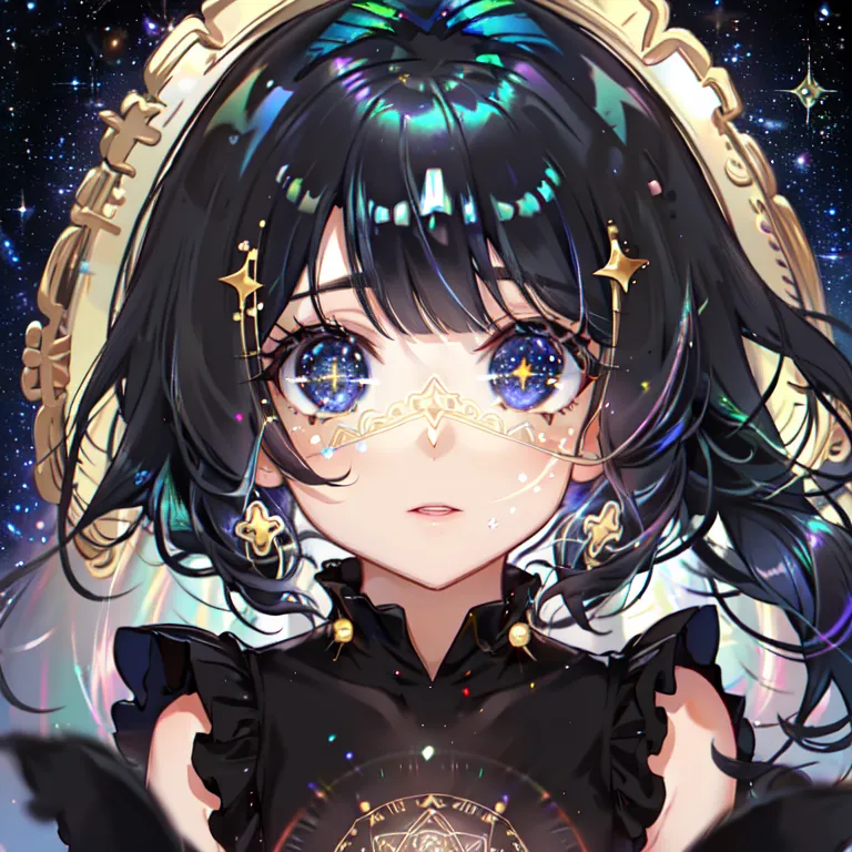 The image is a portrait of a young woman with long black hair and blue eyes. She is wearing a black dress with a white collar and has a golden headdress with two large stars on either side of her head. She is also wearing a golden necklace with a large blue gem in the center. The background is a starry night sky with many stars and galaxies. The woman's eyes are wide open and she is looking at the viewer with a surprised expression on her face.