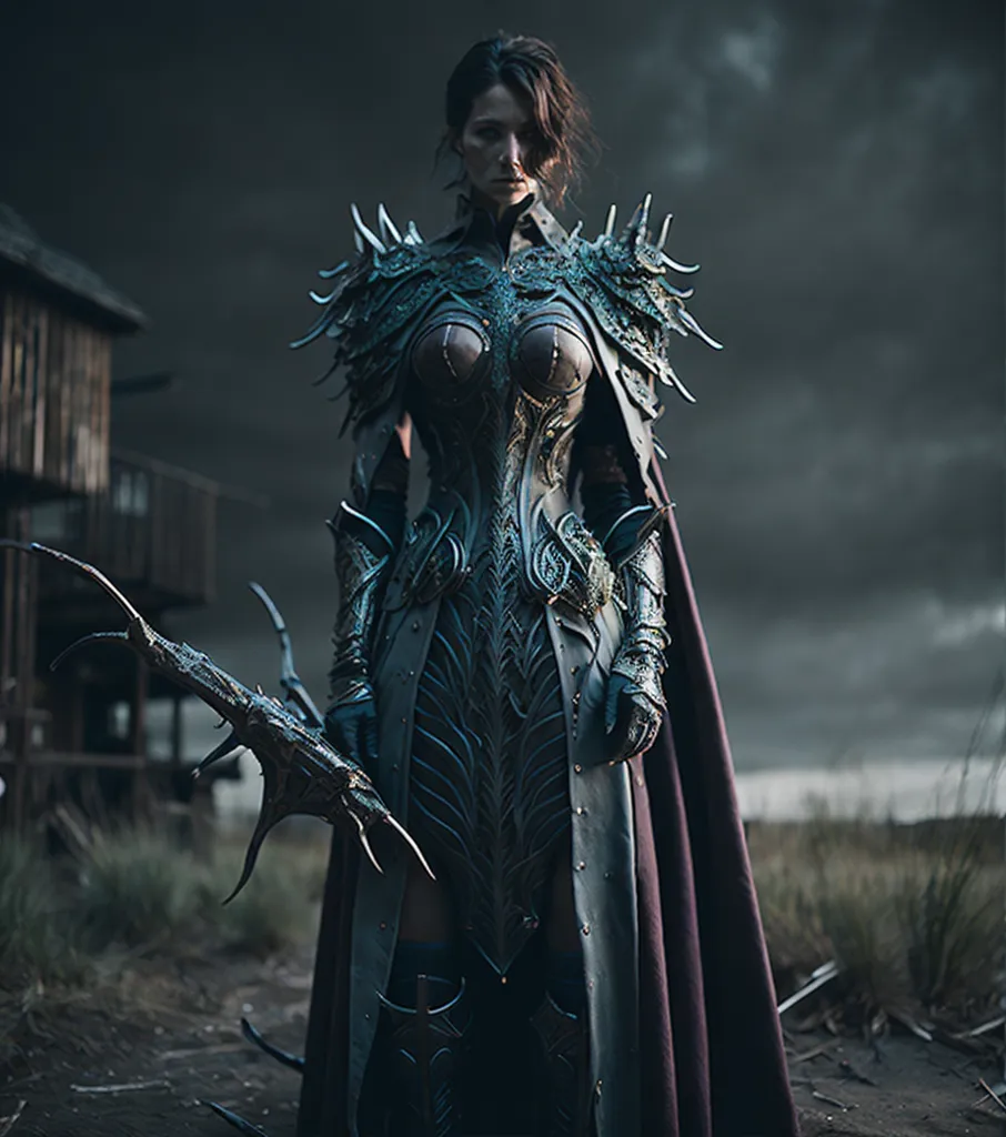 This image shows a woman wearing a suit of armor. The armor is made of metal and has a dark grey color. The armor has many spikes and sharp edges. The woman is also wearing a helmet that has a visor. The woman is standing in a dark and gloomy forest. There is a house in the background. The woman is holding a large sword in her right hand. The woman has long brown hair and green eyes. She is very muscular and looks like she is ready for battle.