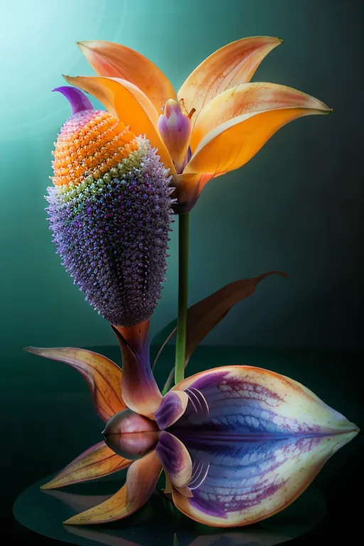 The image shows two exotic flowers in full bloom against a dark green background. The flowers are orange and purple, with intricate patterns on their petals. The leaves are a deep green color, with serrated edges. The flowers are reflected in the water below, creating a sense of symmetry. The overall effect is one of beauty and elegance.