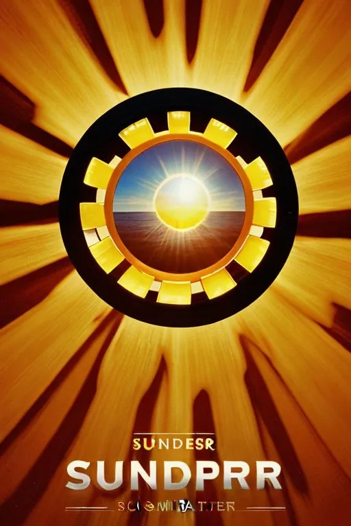 The image is a yellow circle with a black border. Inside the circle is a picture of the sun. The sun is surrounded by yellow rays. The word "SUNDESR" is written in black letters above the circle. The word "SUNDPRR" is written in black letters below the circle.