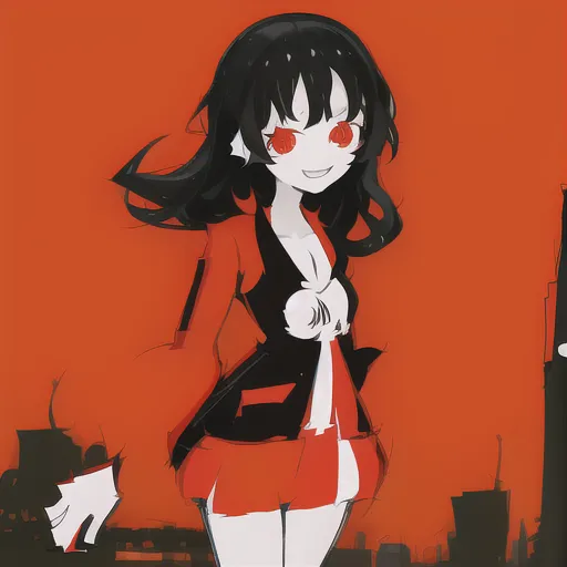 This is an image of a young woman, probably in her late teens or early twenties. She has long black hair and red eyes. She is wearing a red jacket and a white shirt. She has a confident smile on her face and is standing with her hands on her hips. The background is a blur of red and orange.