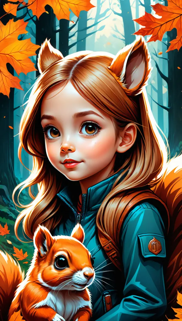 The picture shows a girl with long brown hair and fox ears. She is wearing a blue jacket and there is a squirrel on her shoulder. The background is a forest with a lot of orange leaves. The girl has a gentle expression on her face and she seems to be very kind.