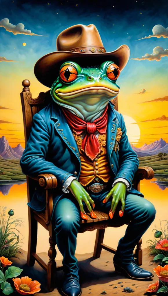 An anthropomorphic frog wearing a cowboy hat, red neckerchief, blue suit, and cowboy boots is sitting in a wooden chair. The frog is holding a cane with both hands and has a serious expression on its face. The background is a sunset over a mountain range with a river in the foreground.