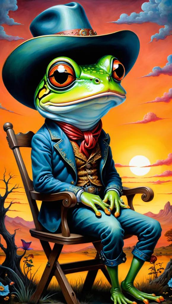 An anthropomorphic frog wearing a cowboy hat, red neck scarf, blue suit, and cowboy boots is sitting in a wooden chair in the desert. The frog has its hands resting on the arms of the chair and is looking at the viewer with a slight smile on its face. The background is a sunset over a mountain range.