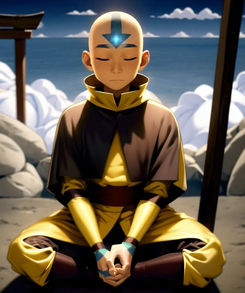 The image is of Aang, a character from the animated television series Avatar: The Last Airbender. He is sitting in a meditative pose on a rock in front of a large body of water. He is wearing his signature orange and yellow monk robes and has his eyes closed. His head is shaved, and he has an arrow tattooed on his forehead. The image is set in a peaceful and serene environment, with the sun shining and the waves gently crashing against the shore.