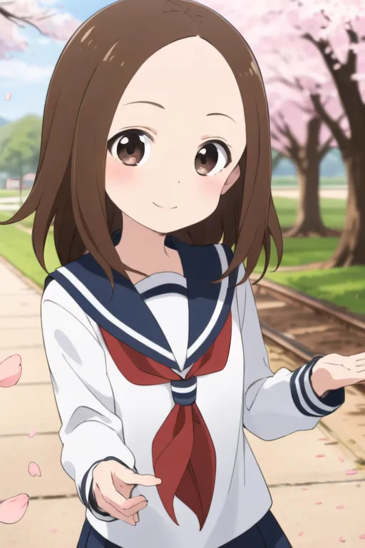 The image shows an anime girl with brown hair and brown eyes. She is wearing a white and blue sailor-style school uniform with a red ribbon. She has a friendly smile on her face and is standing in a park with cherry blossoms falling around her.