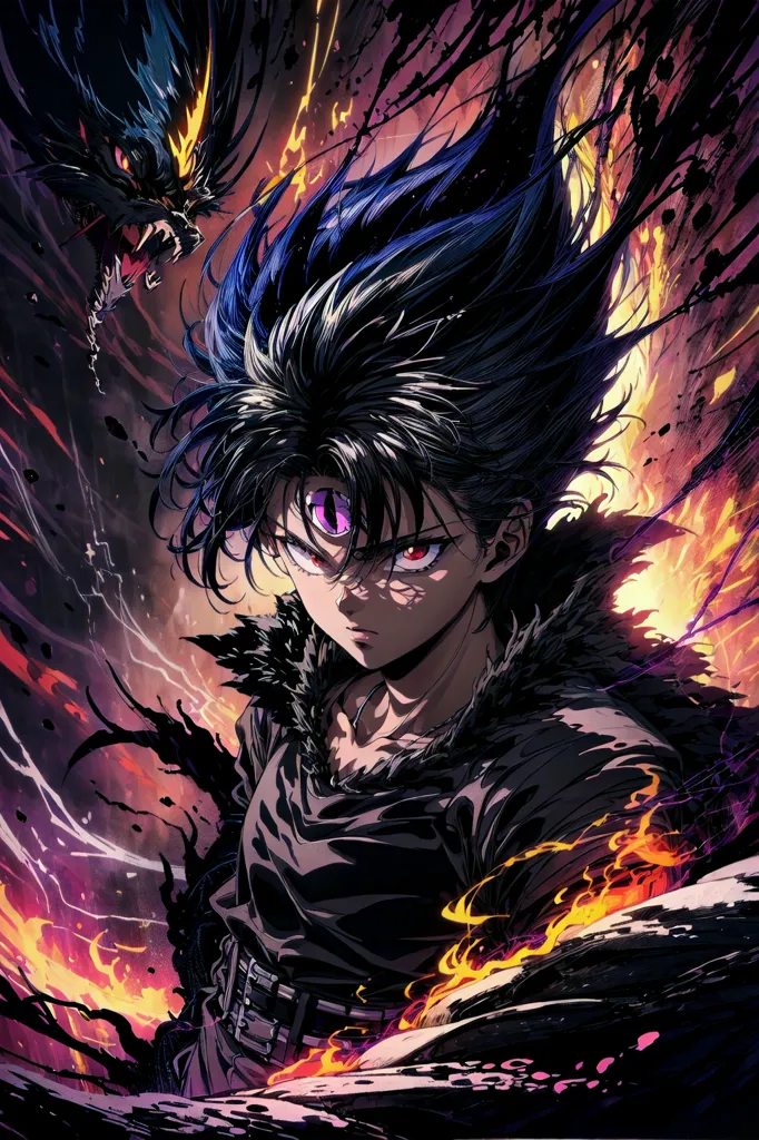 The image is of an anime character with long black hair and red eyes. He is wearing a black shirt and has a dark aura around him. There is a dragon behind him. The background is a dark, stormy sky with lightning and fire.